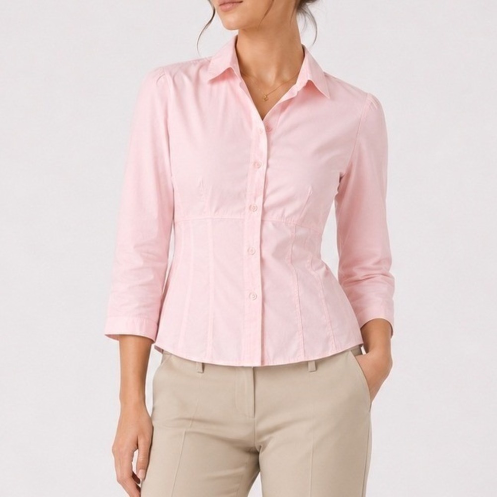 New York & Company Button Down Womens Pink Stretch 3/4 Sleeve Seamed Shirt L